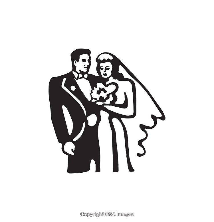 Black and White Wedding Couple Illustration with Bride and Groom Line Art