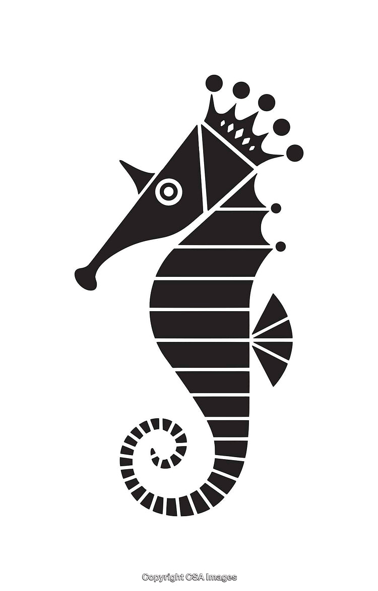 Decorative Black and White Seahorse Line Art with Crown Design