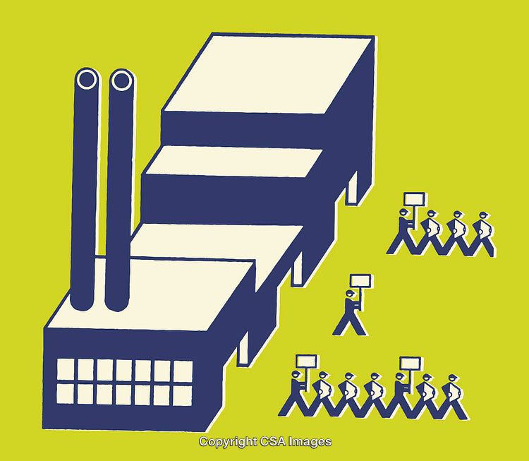Illustration of Workers Protesting Outside a Stylized Factory