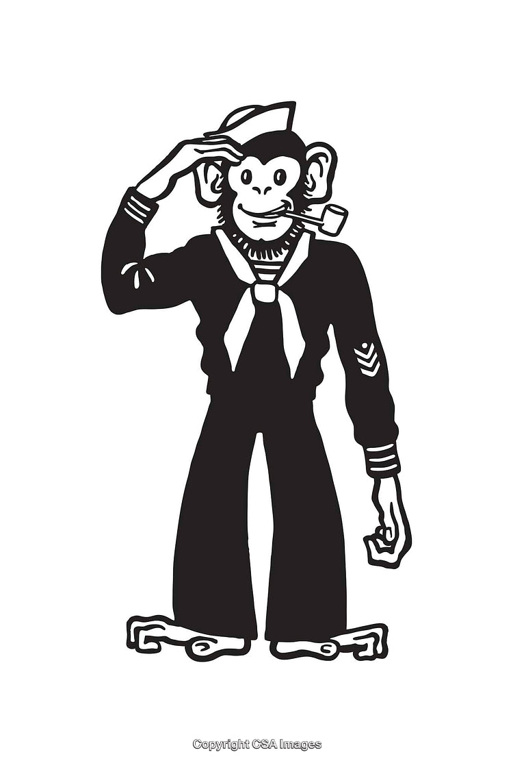 Black and White Illustration of a Monkey Saluting in Sailor Attire