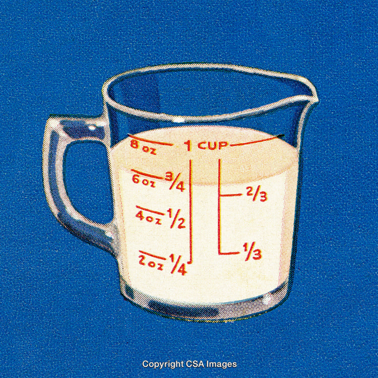 Transparent Measuring Cup Filled with Milk and Markings Indicating Volume Measurements
