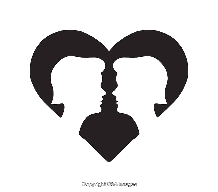 Silhouette of Two Faces Forming Heart-Shaped Black and White Line Art