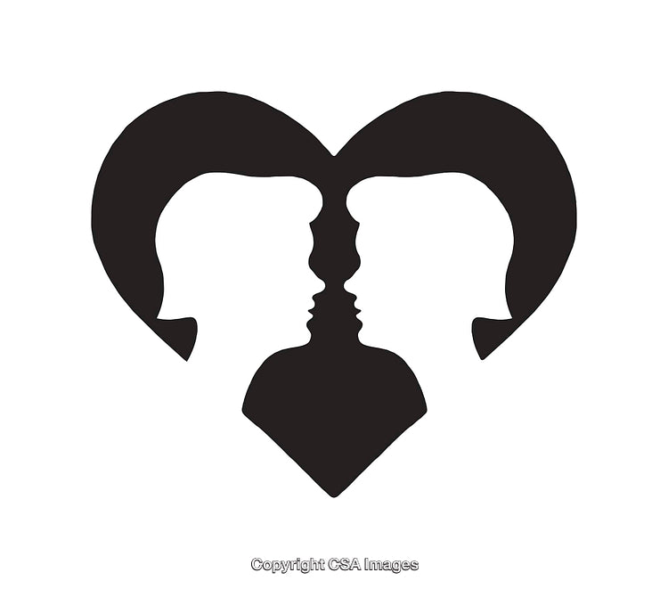 Silhouette of Two Faces Forming Heart-Shaped Black and White Line Art