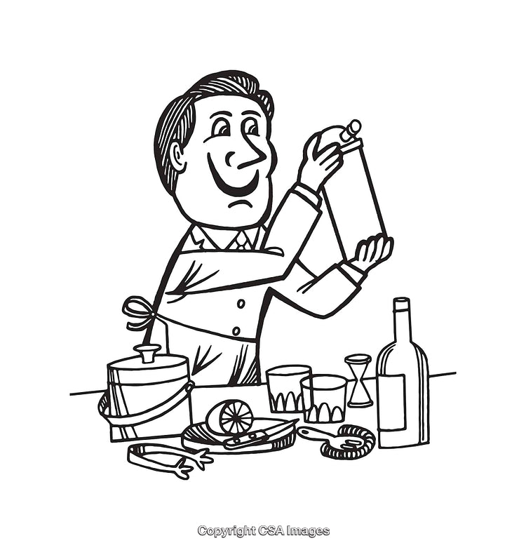 Black and White Line Drawing of a Bartender Preparing Drinks at the Bar