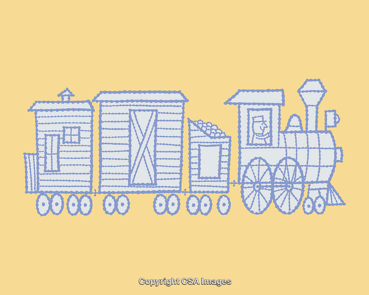 Childlike Line Art Drawing of a Train on a Yellow Background