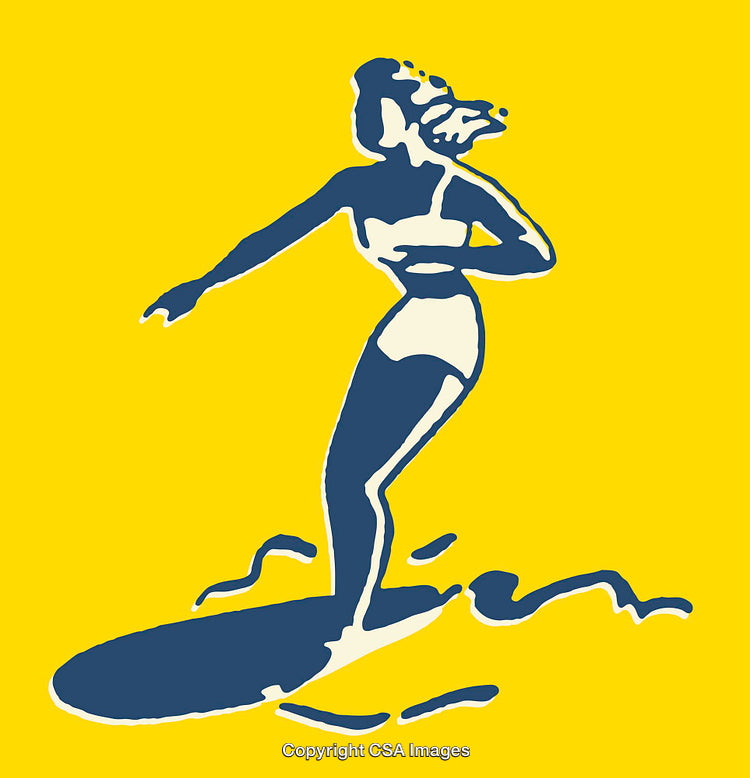 Vintage Style Surfing Illustration Featuring Female Surfer on Bright Yellow Background