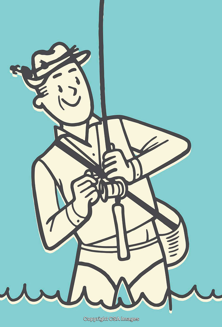 Man Enjoying Fishing Classic Color Line Art Illustration