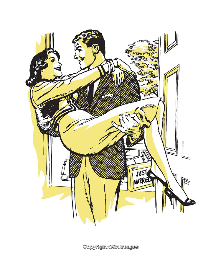 Newlywed Couple Entering Their Home in Vintage Illustration Style