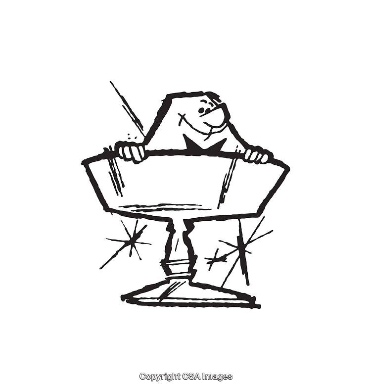 Vintage Cartoon Illustration of a Happy Character in a Trophy