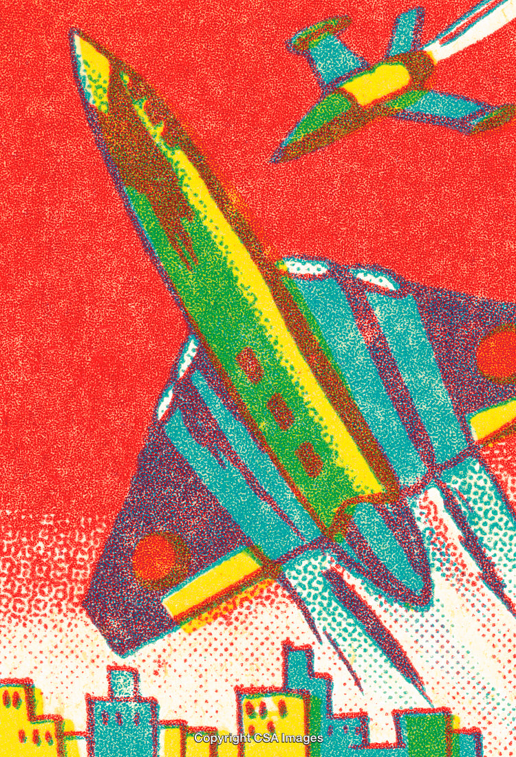 Colorful Retro Illustration of Jet Fighters in an Urban Skyline