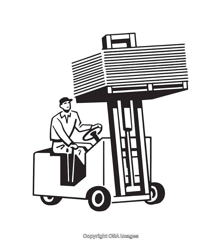 Black and White Illustration of a Forklift Operator Handling a Heavy Load