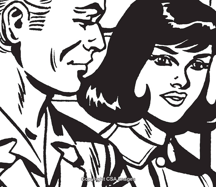 Retro Styled Black And White Illustration of a Smiling Couple in Profile