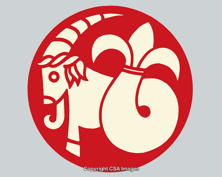 Capricorn Zodiac Sign Illustration in Bold Red and Beige Circular Design