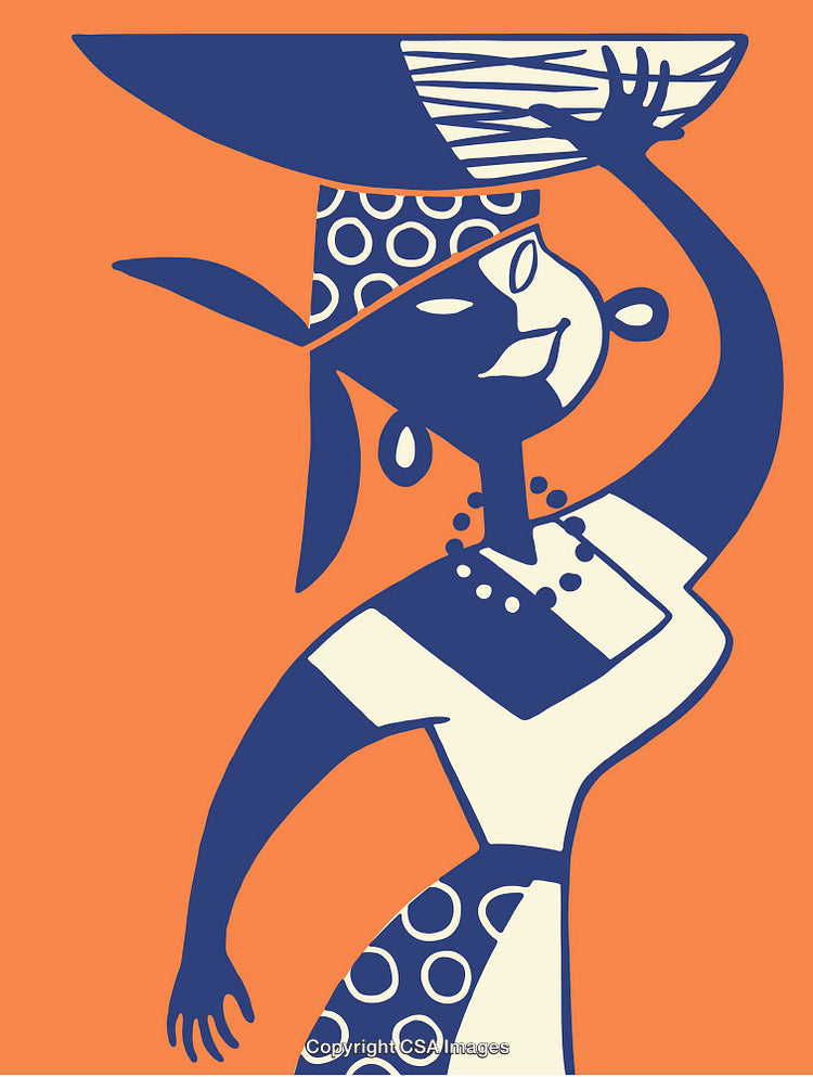 Abstract Line Art of Woman Carrying Basket in Bold Colors