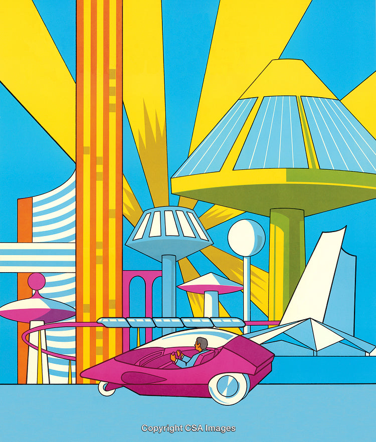 Futuristic Cityscape With A Flying Car and Vibrant Architectural Elements