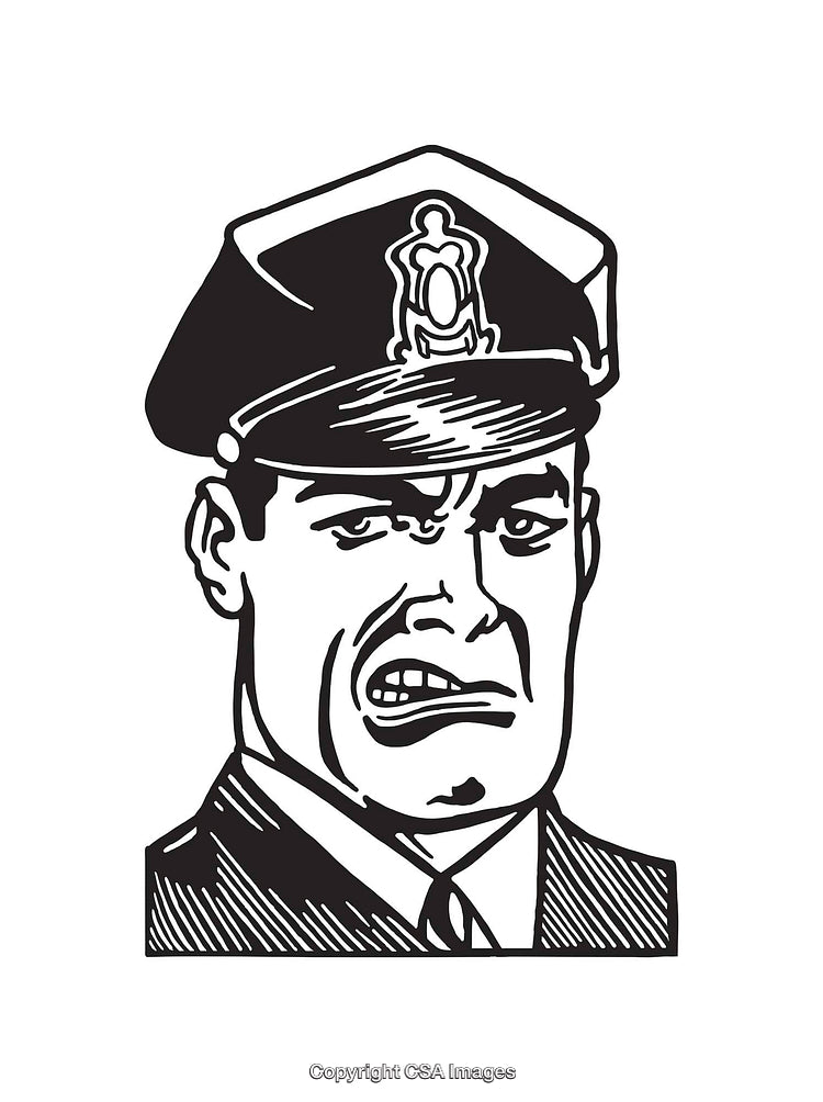 Black and White Line Art of a Police Officer with an Intense Expression
