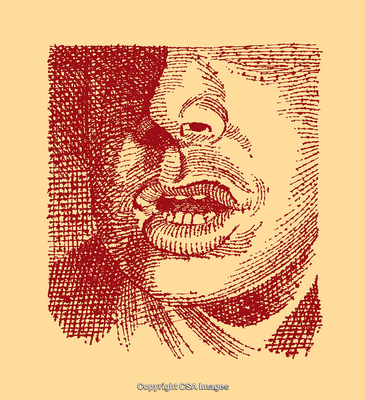 Detailed Red Line Art Illustration of a Facial Expression on Beige Background