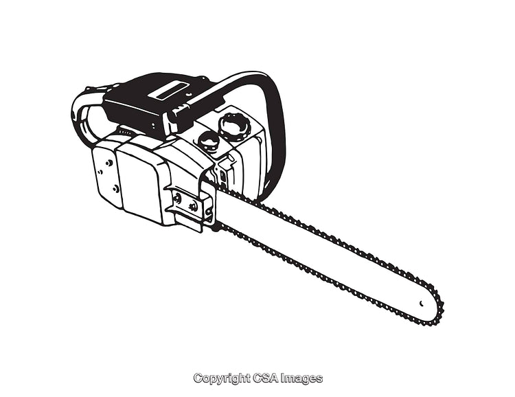 Black and White Illustration of a Chainsaw in Line Art Style