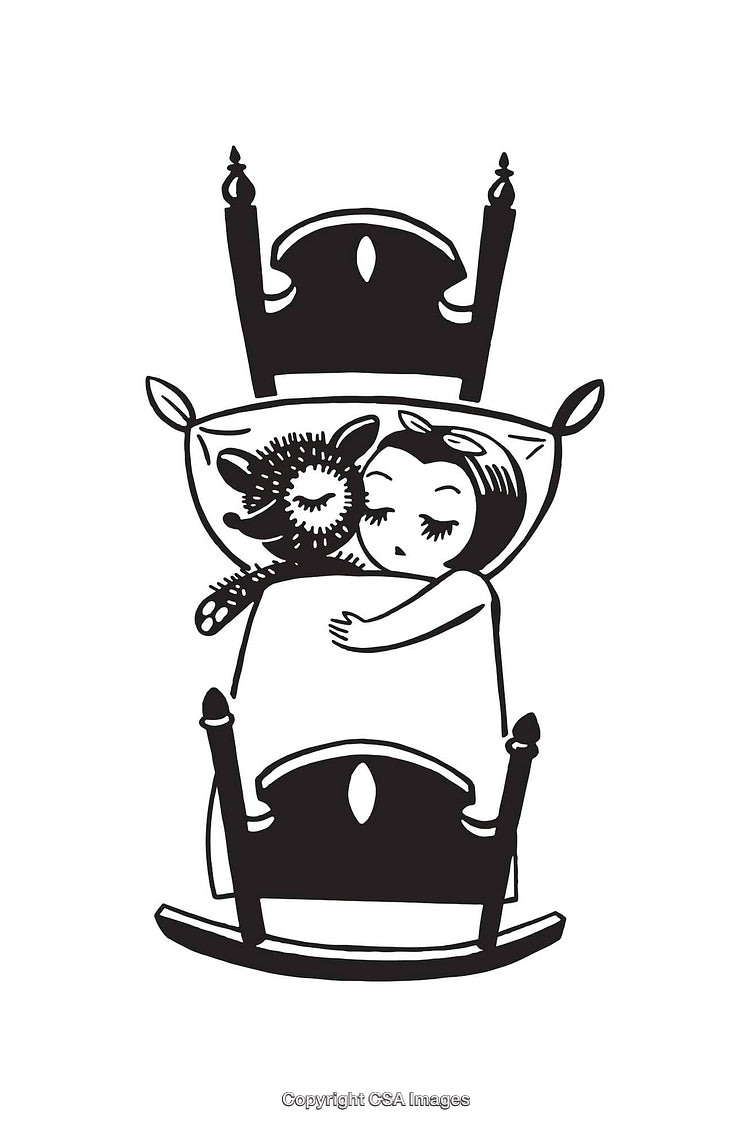 Child Cuddling A Stuffed Animal While Sleeping In A Traditional Bed Illustration