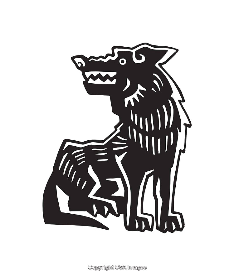 Black and White Line Art Illustration of a Stylized Sitting Wolf