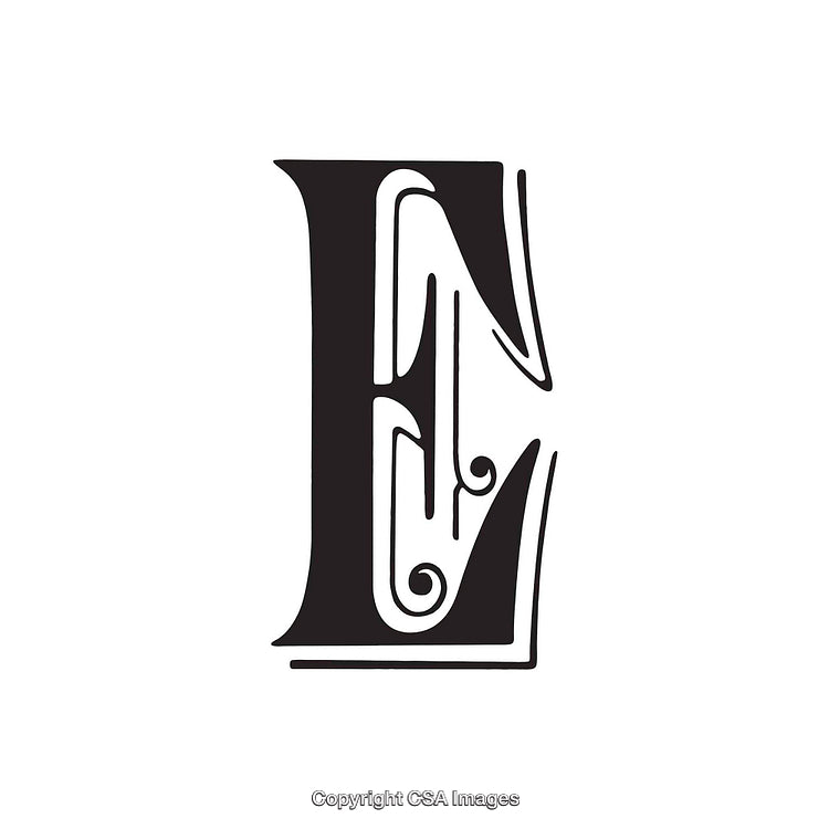 Elegant Monochrome Illustration of the Letter E with Decorative Design