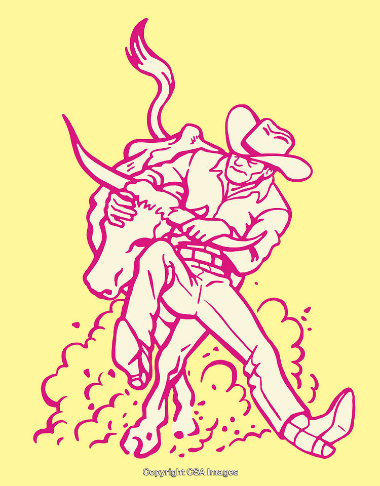 Man Wrestling a Cow in Vintage Line Art Illustration Style
