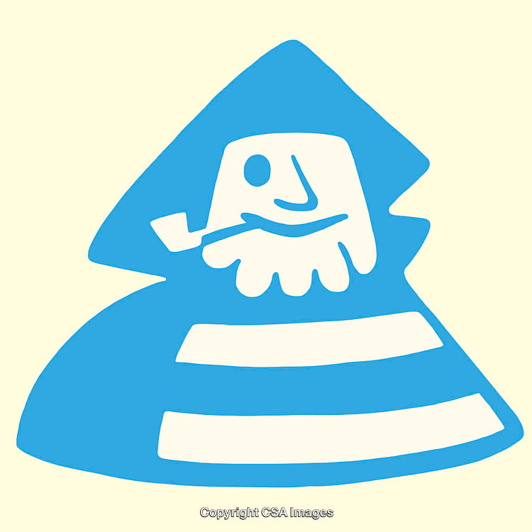 Whimsical Blue And White Illustration Of A Bearded Character Smoking A Pipe