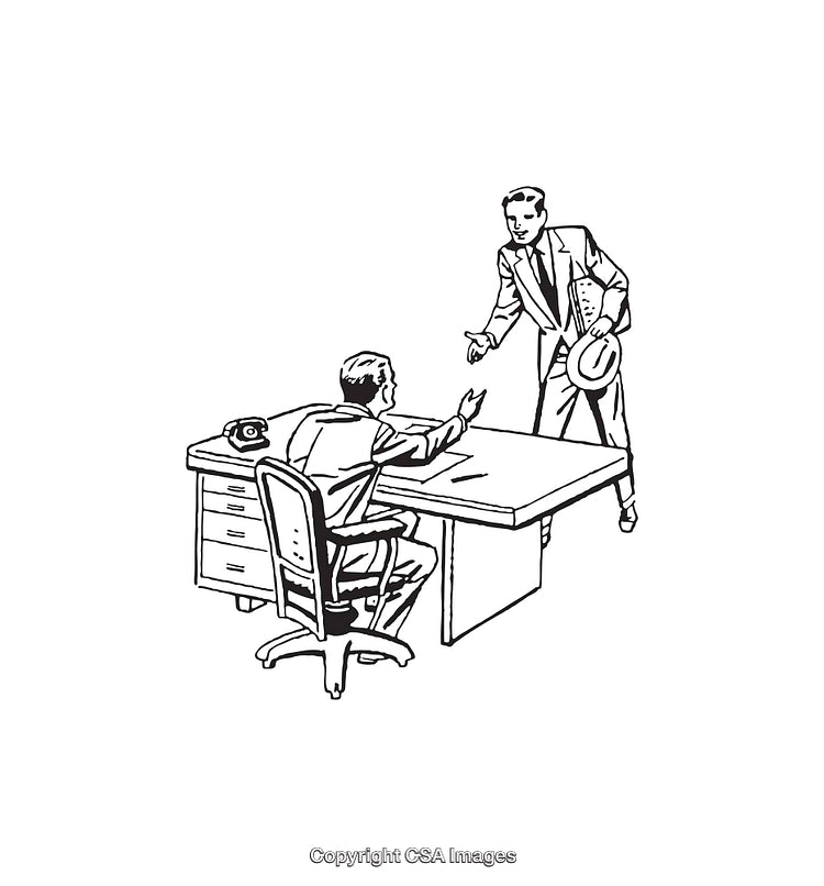 Black and White Line Art of an Office Interaction Between Two Men