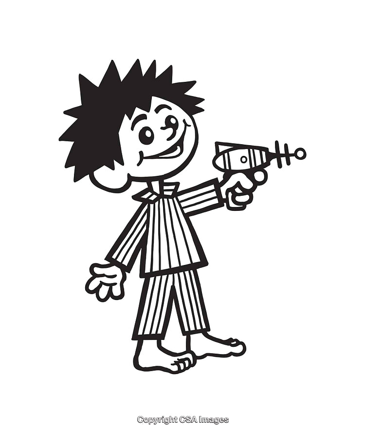 Playful Child Holding Toy Ray Gun in Black and White Illustration