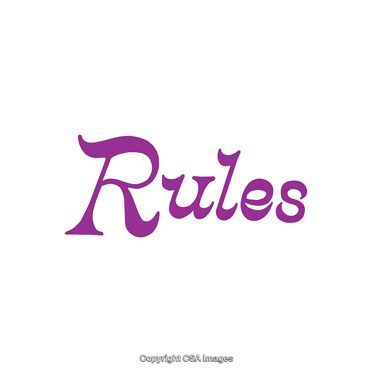 Stylized Representation of the Word Rules in Purple Font on White Background