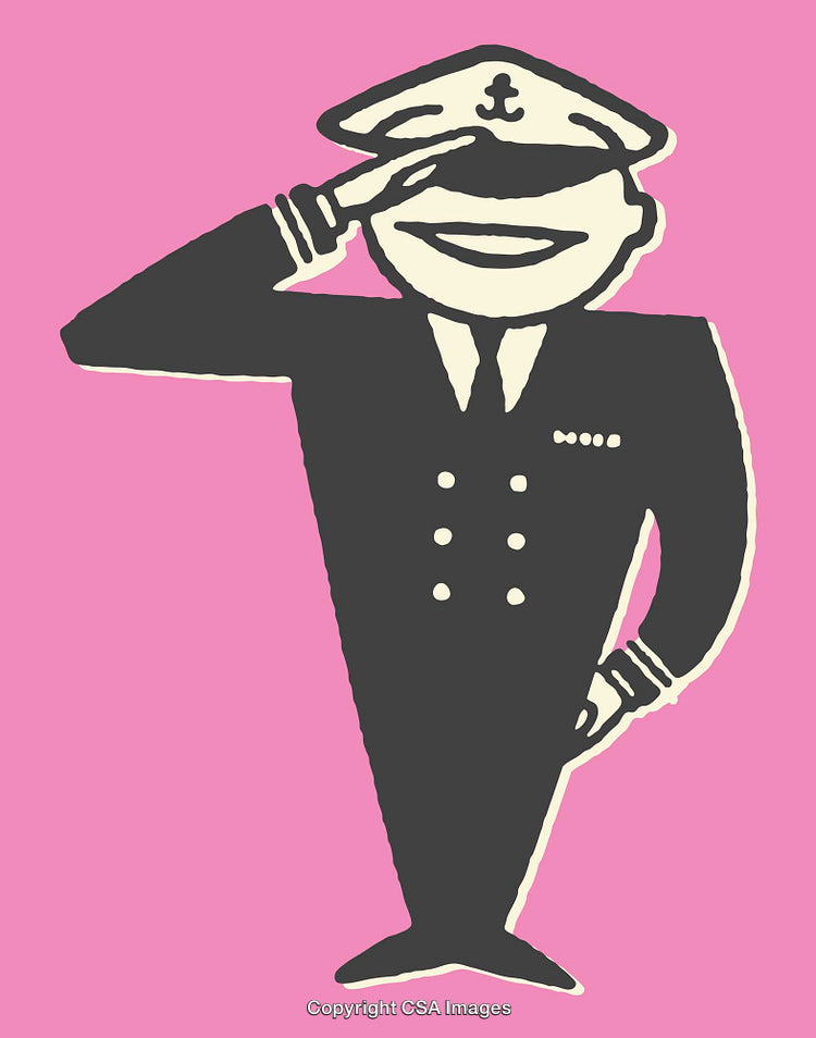 Nautical Officer Cartoon Saluting on a Pink Background in Line Art Style
