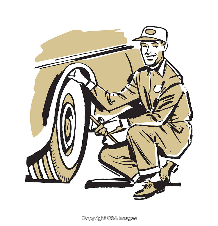 Vintage Illustration of a Mechanic Working on a Vehicle's Tire