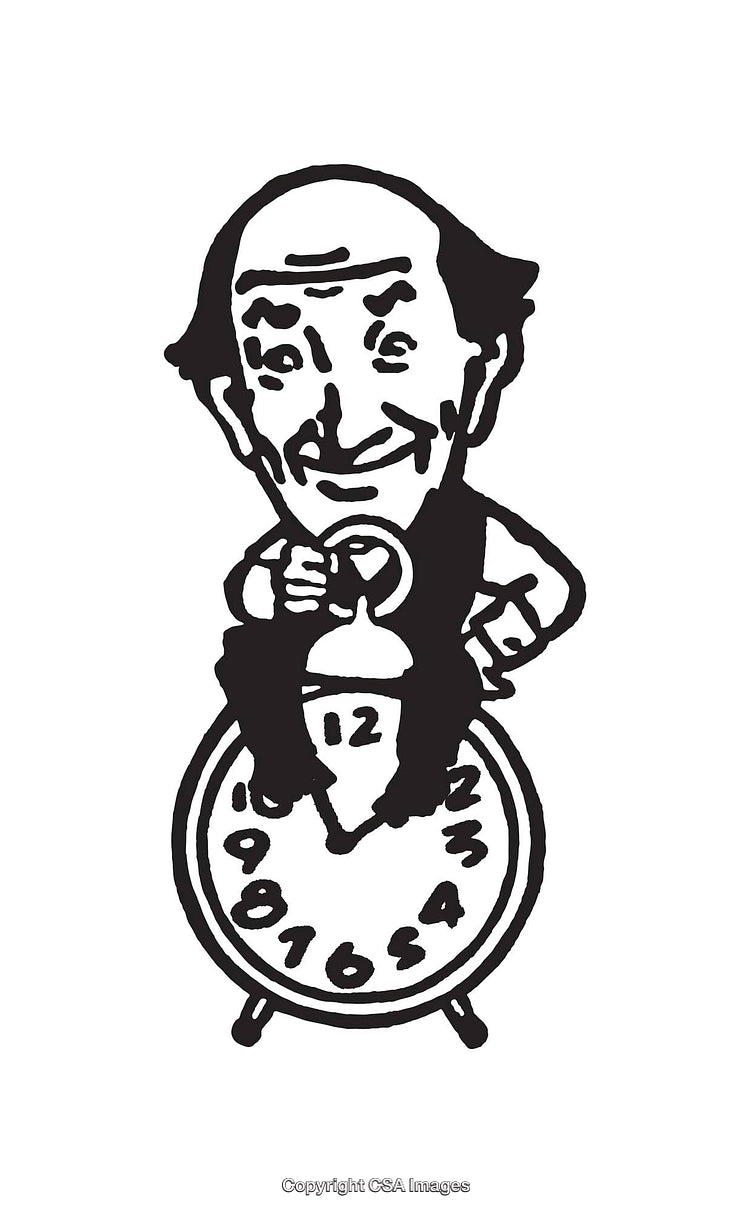 Vintage Black and White Line Art Illustration of a Clock and Figure