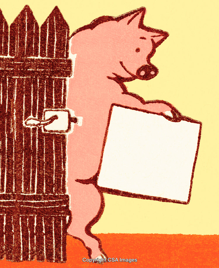 Cartoon Styled Pig Exiting Gate Holding a Blank Sign