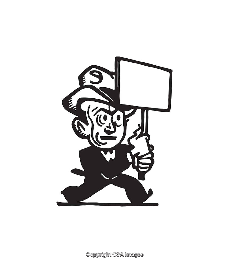 Vintage Style Line Art of Character Carrying a Blank Sign