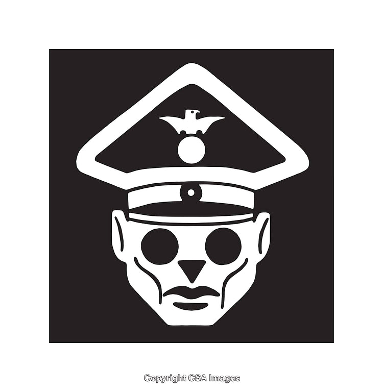 Black and White Icon Depicting a Stylized Skeleton in Uniform Hat
