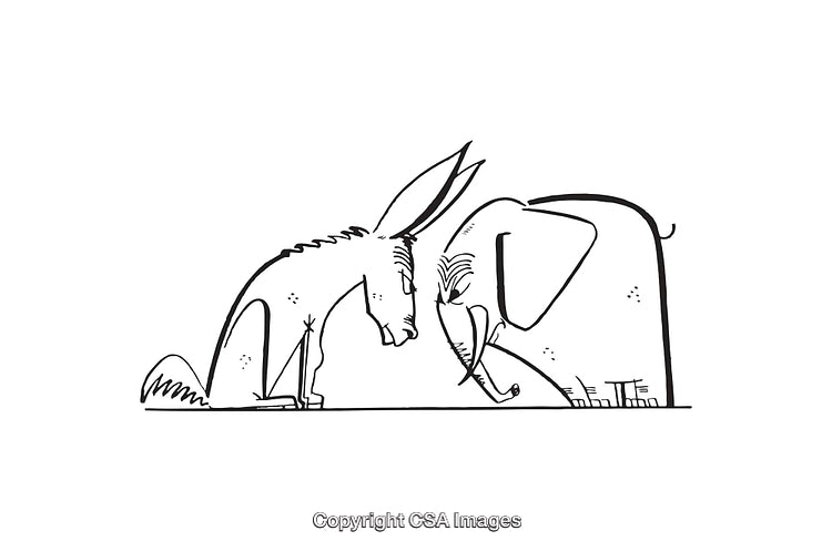 Black and White Line Art Illustration of Donkey and Elephant