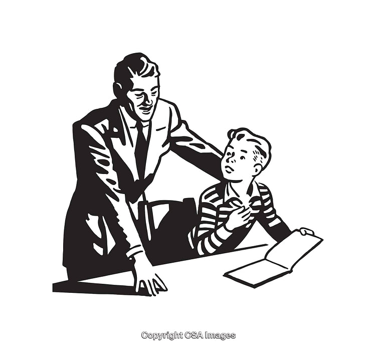 Black-And-White Illustration of Mentorship Between An Adult and Child Student