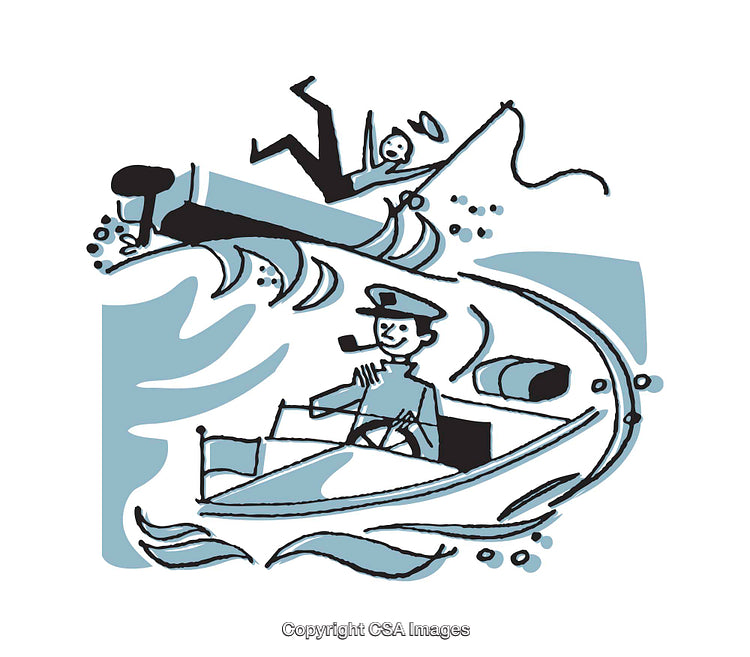 Retro Cartoon Illustration of a Boating Accident in Blue Tones