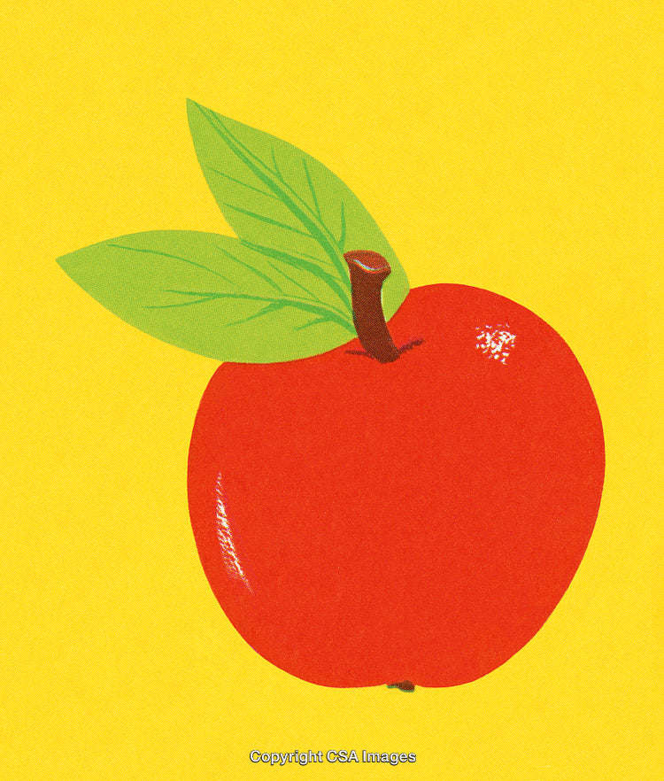 Vivid Red Apple with Green Leaves on Bright Yellow Background Illustration
