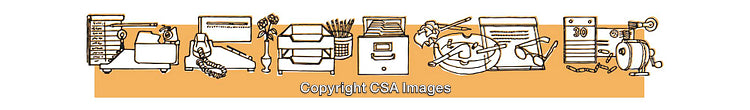 Creative Line Illustrations of Office Supplies and Furniture on Orange Background