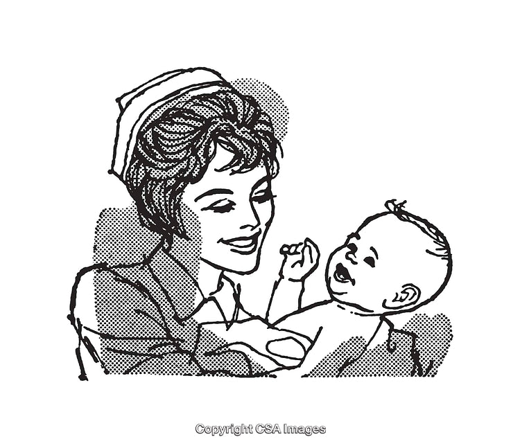 Black and White Line Art Nurse Holding Smiling Baby in Her Hands