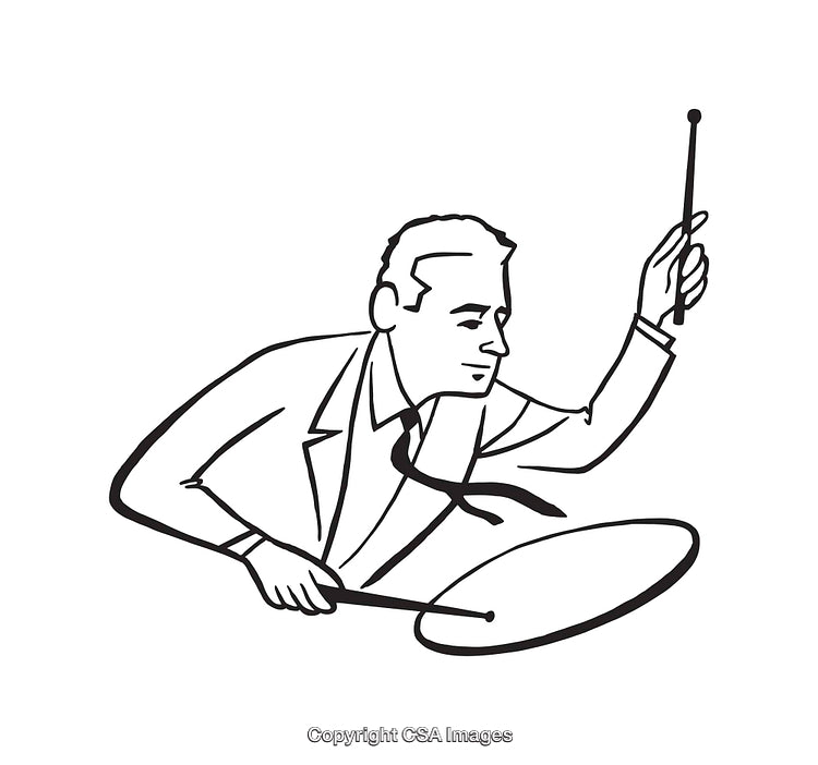 Black And White Illustration of Conductor With Music Baton Performing