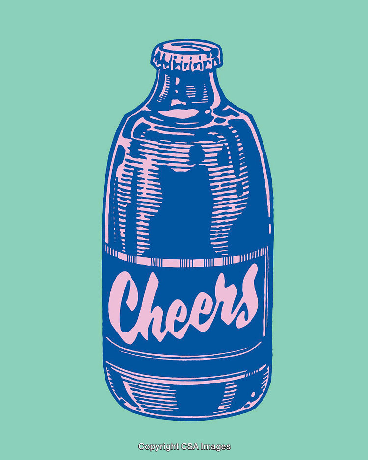 Vintage Bottled Drink Illustration with 'Cheers' Text in Pastel Colors