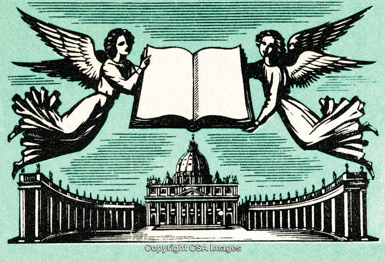 Angels Holding a Sacred Book Above Religious Architectural Structure