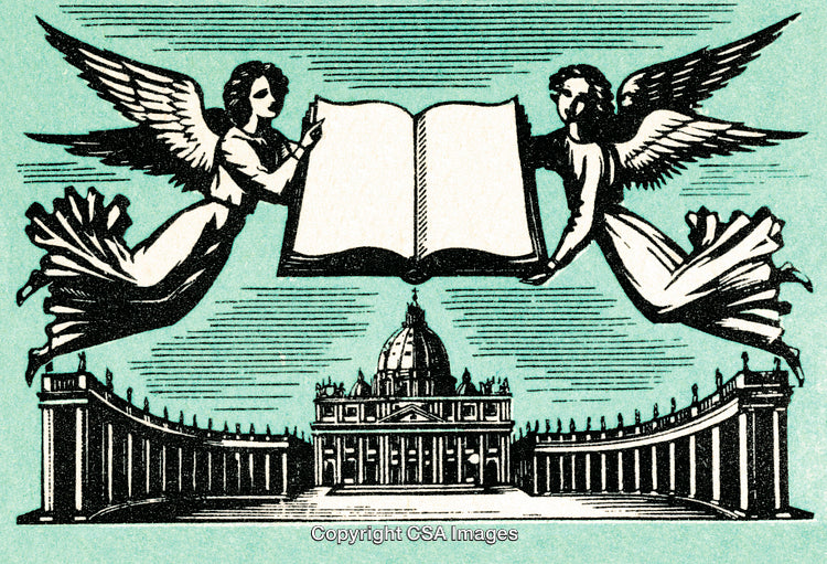 Angels Holding a Sacred Book Above Religious Architectural Structure