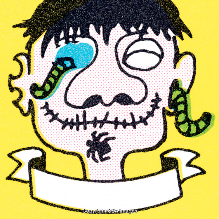 Quirky Illustrated Face with Cartoonish Details on Yellow Background