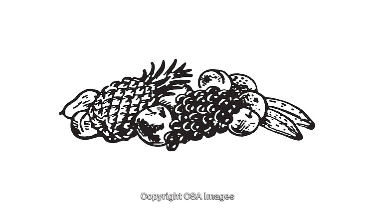 Detailed Black and White Line Art of Various Fruits