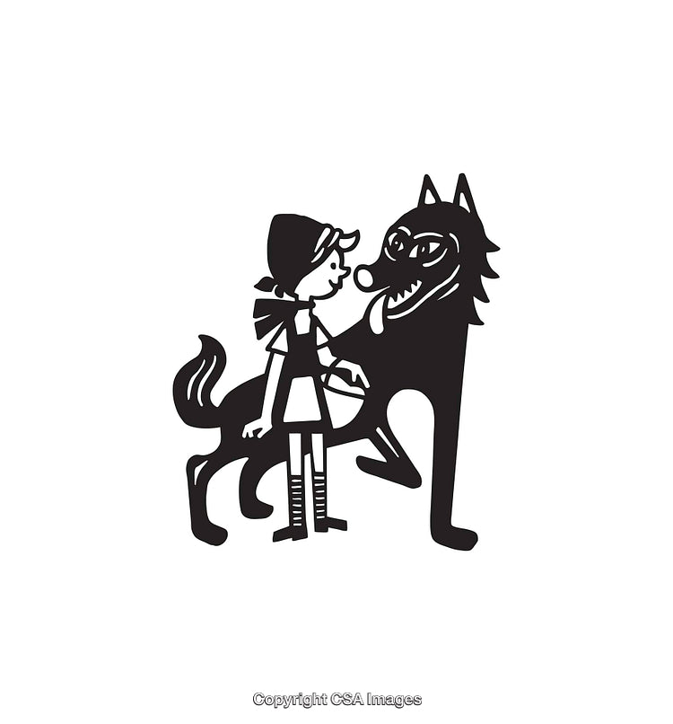 Black and White Line Art of Girl With a Wolf Illustration