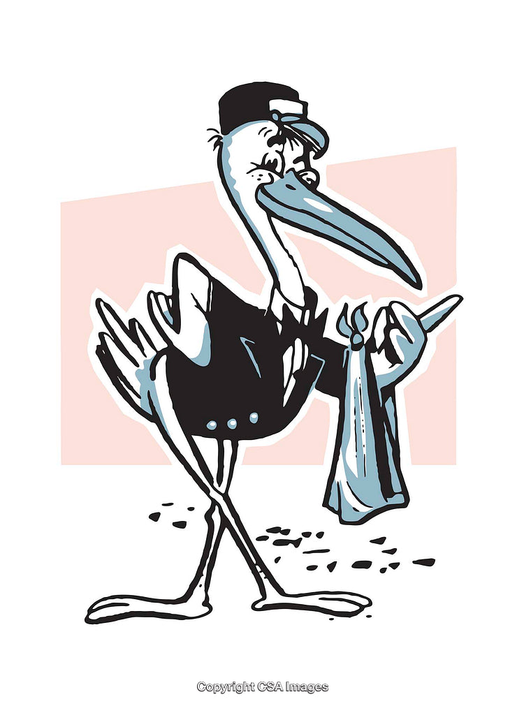 Illustration of a Stork Character in Professional Attire and Holding a Bag
